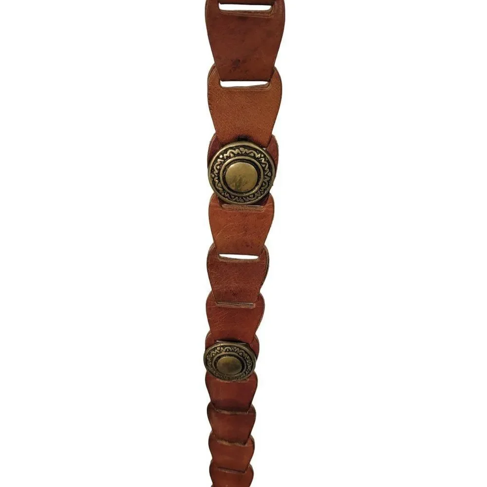 Vintage Amiee Lynn Leather Belt‎ M Brown Brass Square Buckle Medallion Country